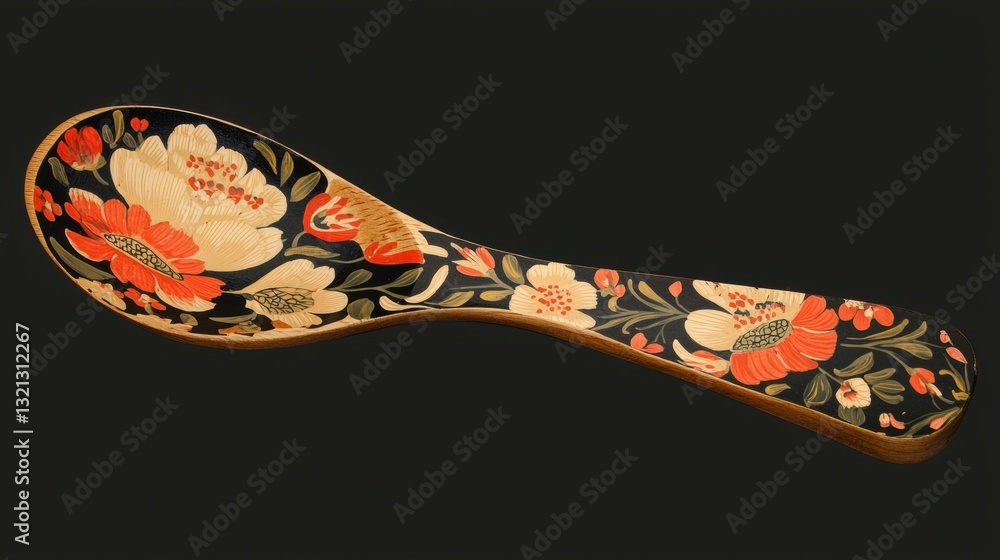 Poster close-up of a wooden spoon with a floral design on it. the spoon has a curved shape with a pointed e