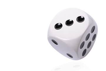 Isolated large white die or dice with black dots on white background, template of a die or dice, gambling addiction or table game concept, copy space
