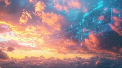 Fototapeta premium Sunset sky with subtle glowing circuits blending smoothly with the clouds background wallpaper AI generated image