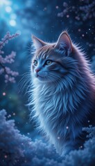 Longhaired Kitten Gazing Serene Night Scene
