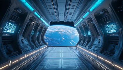 Futuristic spaceship interior featuring a sleek design, advanced technology, and a view of Earth from space, perfect for scifi themes