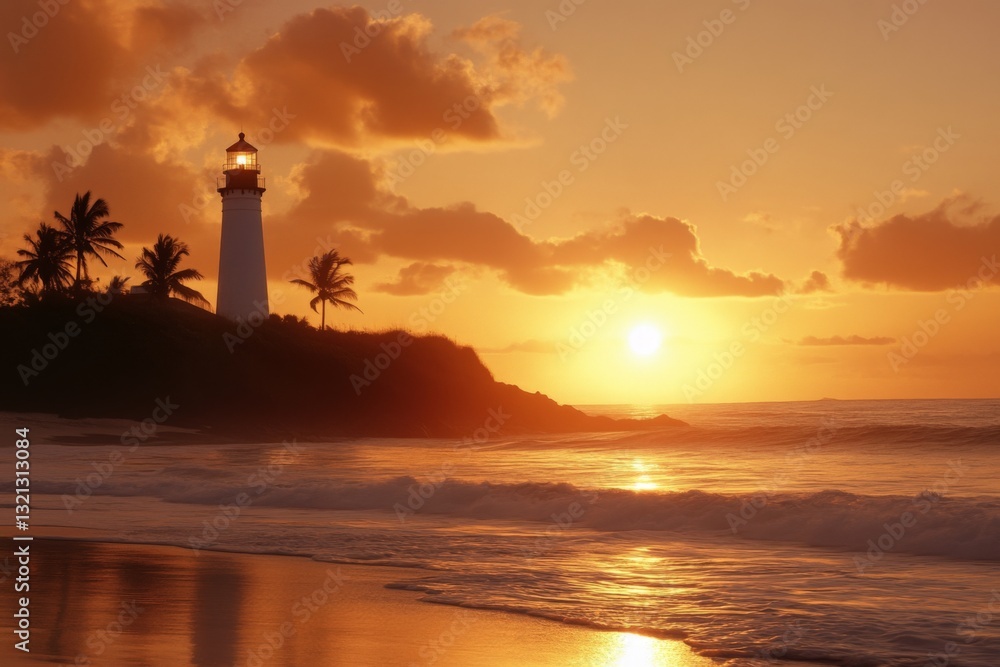 Poster beautiful sunset over ocean with lighthouse and palm trees creating a serene coastal scene