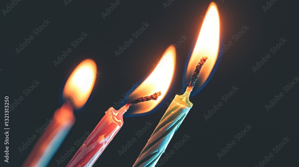 Poster three lit candles on a black background. the candles are arranged in a triangular formation, with th