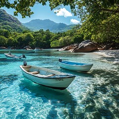 Tranquil tropical beach cove with boats.