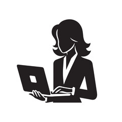 Businesswomen using laptop vector silhouette.