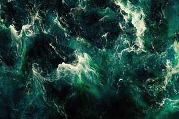 Turbulent sea surface,  vivid greens and whites.  Complex patterns, powerful waves