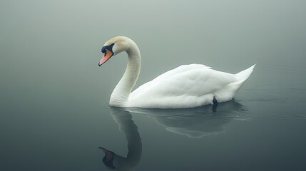 Obraz premium Swan gliding through misty morning waters, elegance and serenity combined