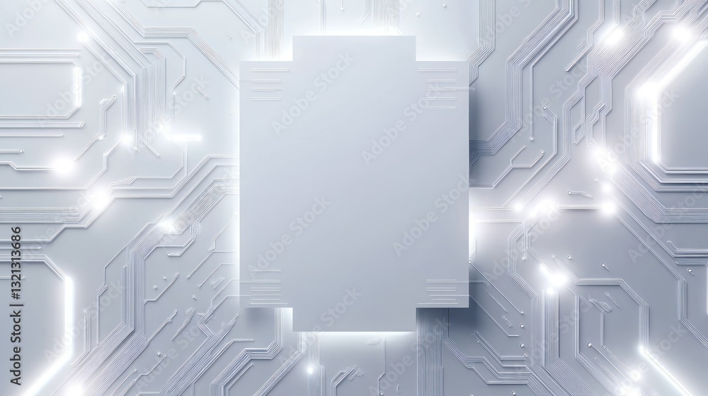 Poster white card design with subtle neon circuit pattern, leaving a large center area for text or graphic 