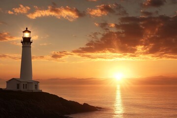 Beautiful sunset over the ocean with a lighthouse standing tall on the rocky shoreline
