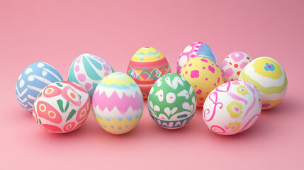 Fototapeta premium An isolated set of 3D Easter templates featuring painted eggs on a pink backdrop.