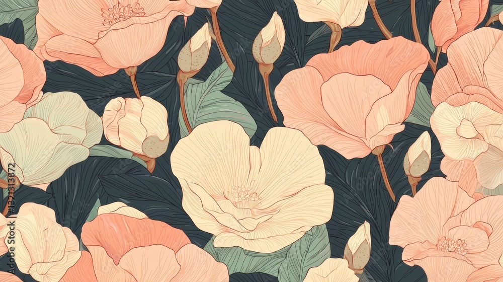 Poster seamless pattern of pink and peach-colored flowers and leaves on a dark blue background. the flowers