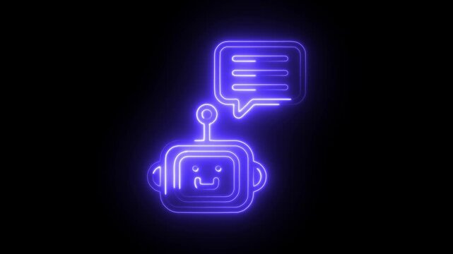 Glowing neon robot icon isolated on black background. HD Video motion graphic animation
