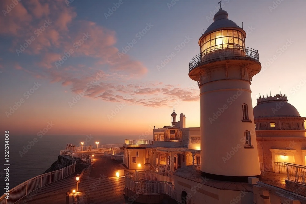 Poster sunset at coastal lighthouse with warm lights illuminating the walkway and reflecting on calm ocean 