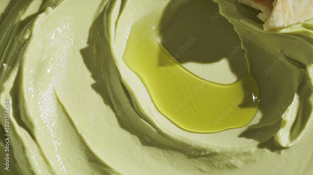 Poster close-up of a creamy green substance, which appears to be a type of whipped cream or frosting. the t