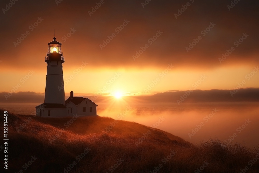 Poster sunset view of a lighthouse overlooking the sea with dramatic clouds and warm colors in the backgrou
