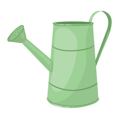 Green Watering Can. Garden spring watering can as a tool for watering plants. Flat illustration on white background. Scrapbook design elements in vector.