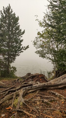 Fog rolling over strbske pleso lake in the high tatras mountains of slovakia