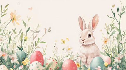 Obraz premium Happy Easter, a watercolour vector featuring spring flowers, eggs, and a beautiful Easter rabbit. Illustration in pastel colours for spring