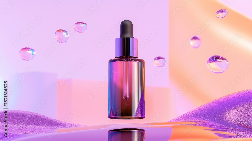 Poster 3d rendering of a dropper bottle with a black cap. the bottle is made of glass and has a metallic fi