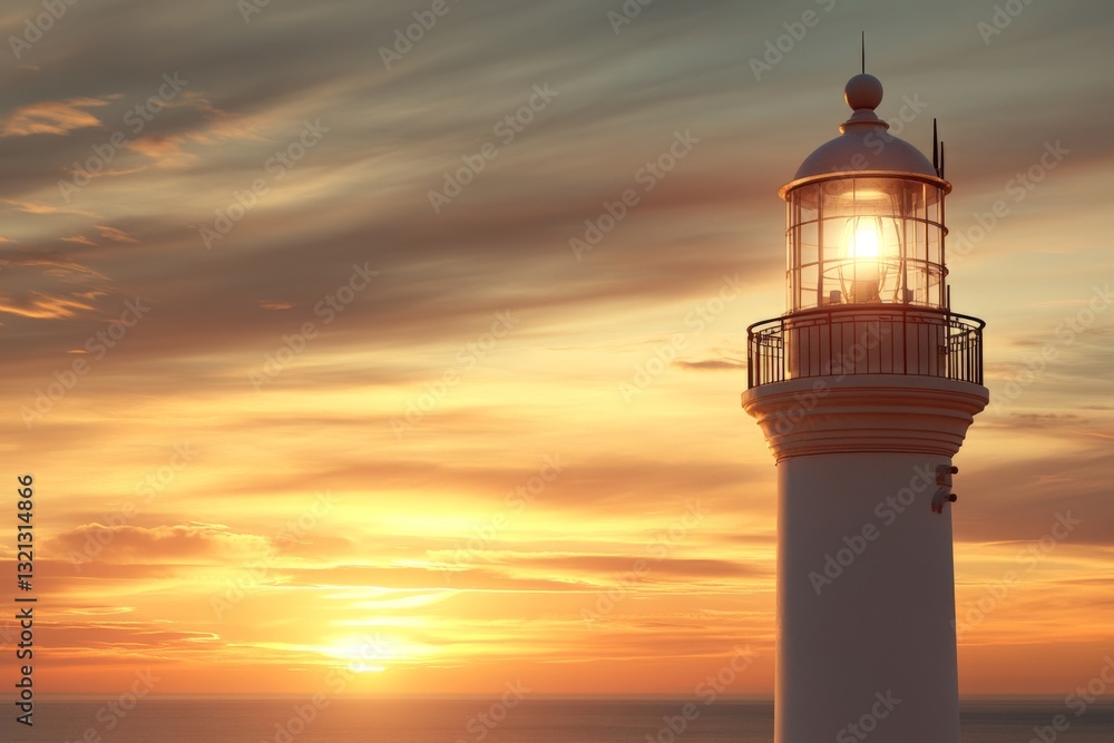 Poster sunset view of a beautiful lighthouse illuminated by the golden glow of the setting sun near the oce