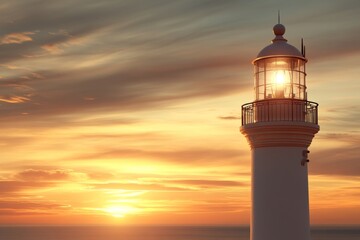 Sunset view of a beautiful lighthouse illuminated by the golden glow of the setting sun near the ocean