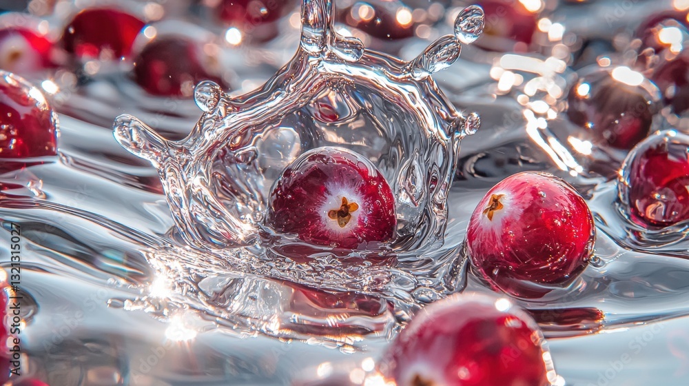 Poster close-up of a group of red cranberries falling into a pool of water. the cranberries are in the cent