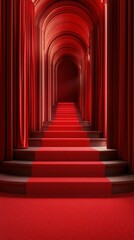 Fototapeta premium Elegant red staircase leading to an opulent archway with draped curtains in a majestic setting