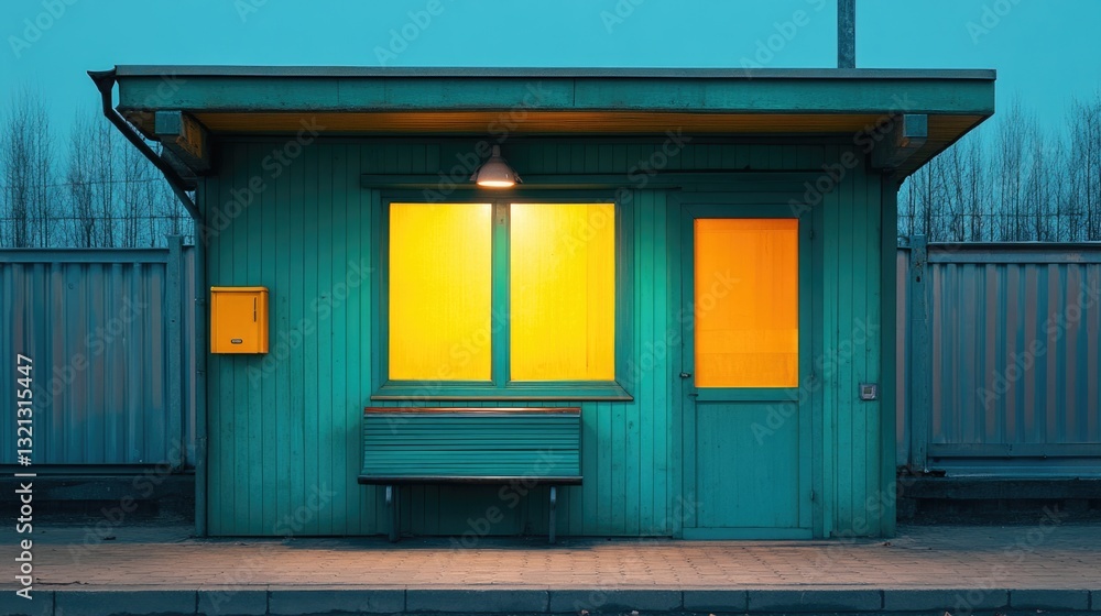 Poster A simple bench sitting in front of a green building
