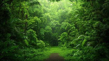 Fototapeta premium A lush green forest pathway enveloped by dense foliage, creating a serene and tranquil natural environment.