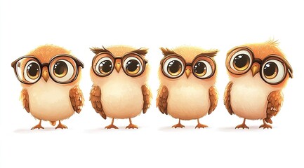 Fototapeta premium Four cute cartoon owls wearing glasses.