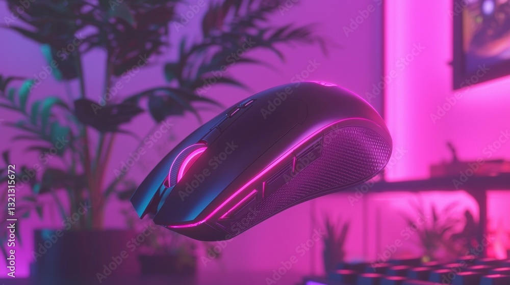 Poster close-up of a gaming mouse in a room with a pink and purple gradient background. the mouse is in the