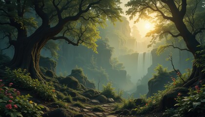 Fototapeta premium Serene Waterfall Scene Lush Forest Path Morning Sun