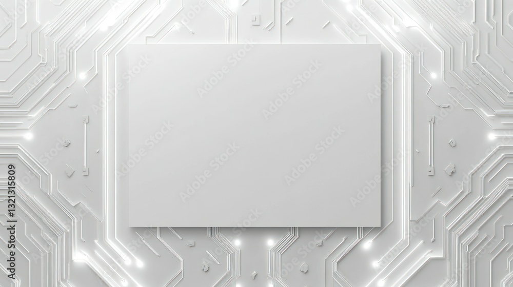 Poster white card design with subtle neon circuit pattern, leaving a large center area for text or graphic 