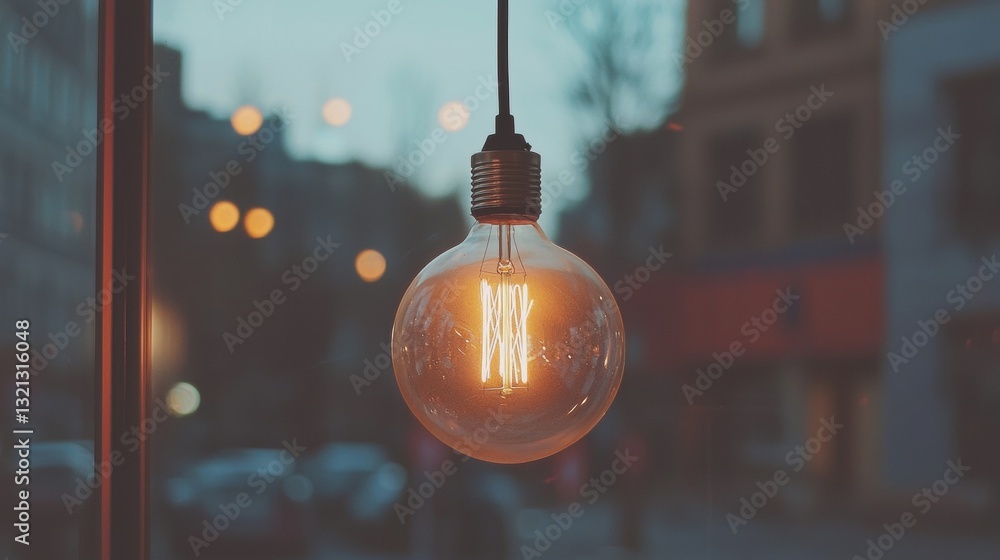 Poster light bulb hanging from a wire in front of a window. the light bulb is round and has a filament that
