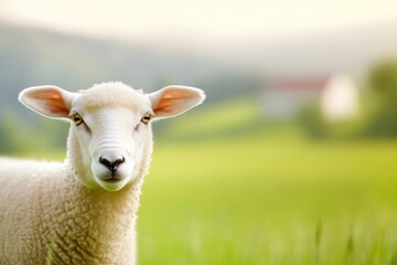 Obraz premium Sheep on green pasture with farm buildings in the distance