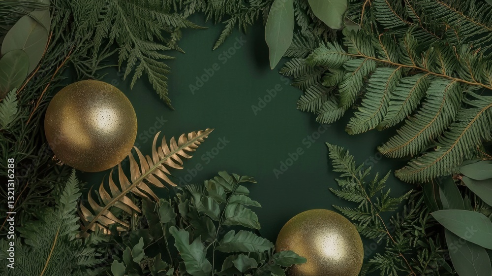 Poster flat lay of various green leaves and plants arranged in a circular pattern on a dark green backgroun