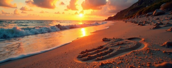 Jesus' finger tracing patterns on the sandy shoreline at sunset, tranquility, landscape, light