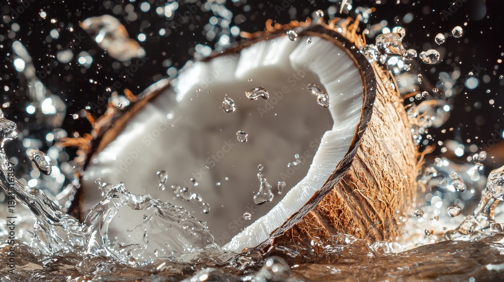 Poster close-up of a coconut with water droplets splashing around it. the coconut is in the center of the i