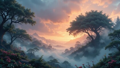 Fototapeta premium Serene Mountain Valley Sunrise Mist Trees Flowers