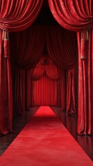 Elegant red curtain entrance with a plush carpet leading into a theatrical stage setting
