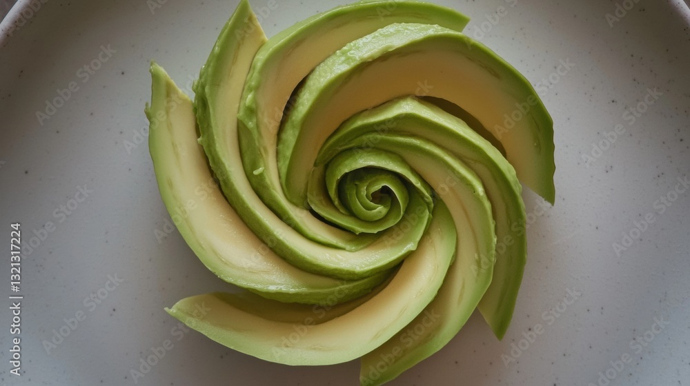 Poster close-up of a sliced avocado on a white plate. the avocado is arranged in a spiral pattern, with the