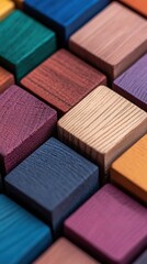 Fototapeta premium Colorful wooden blocks pattern with textured surfaces in geometric arrangement.