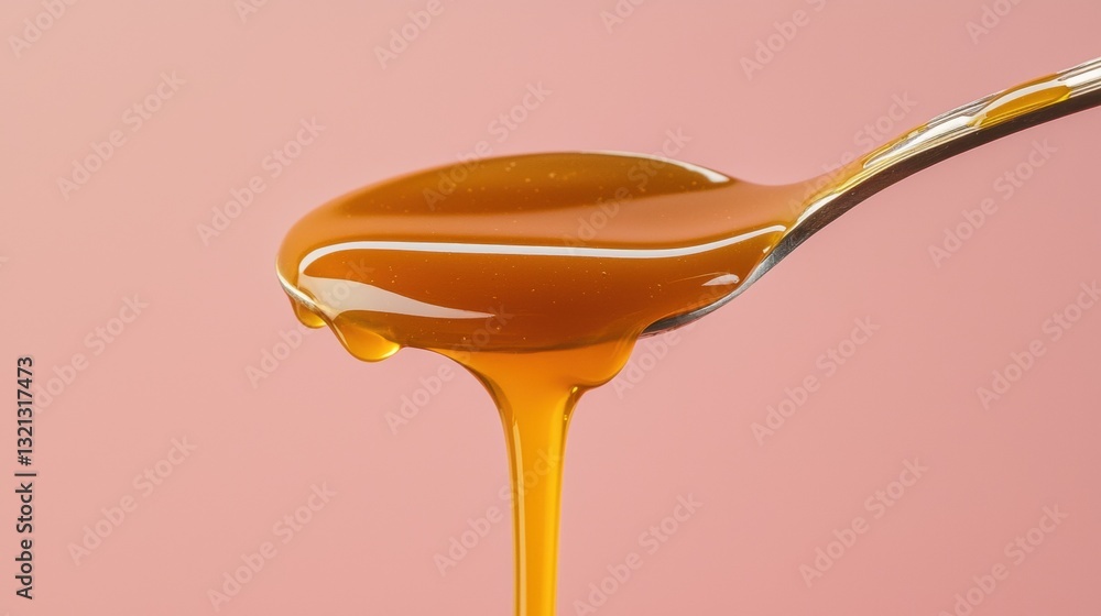 Poster spoon with a drizzle of honey on it. the honey is a golden-brown color and appears to be dripping do