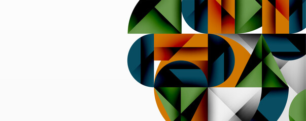 Abstract geometric design with intersecting circles, triangles, squares and sharp angles creating a layered composition with gradients, depth, and contrast