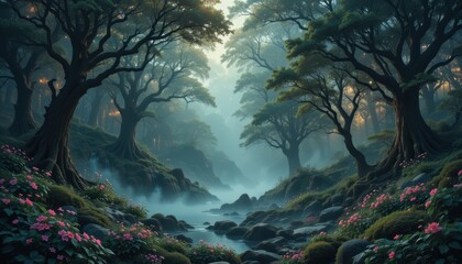 Mystical Forest River Scene With Pink Flowers