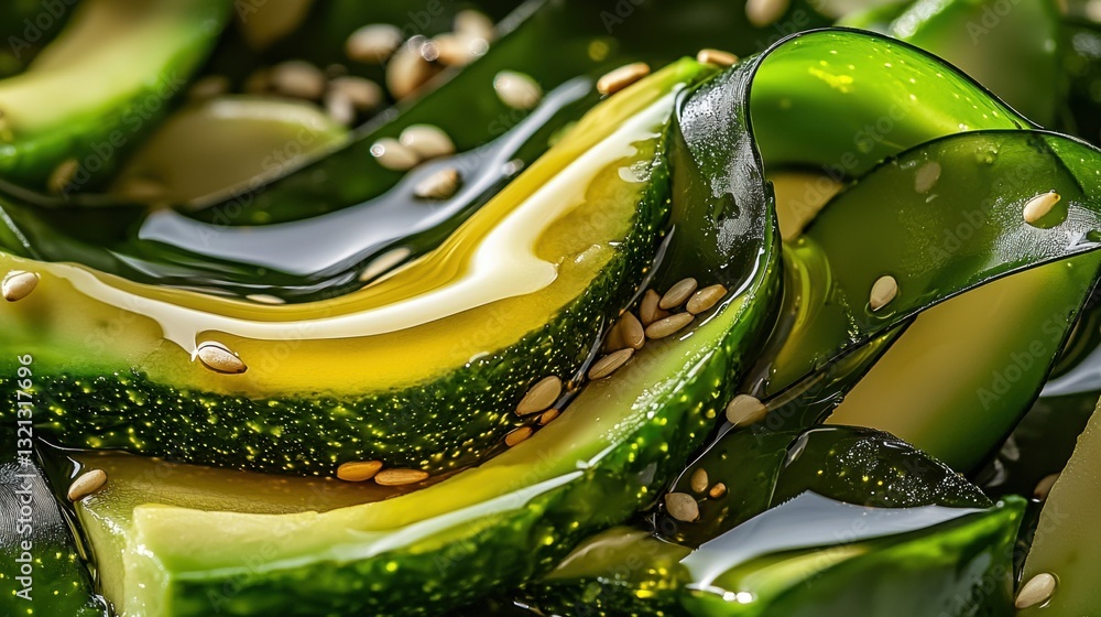 Poster close-up of a pile of sliced avocado. the avocado is cut in half and is arranged in a way that it fo