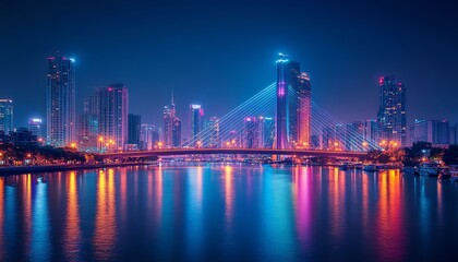 Fototapeta premium Abstract smart city lights by night, river bridge, network connectivity, technology, telecommunications