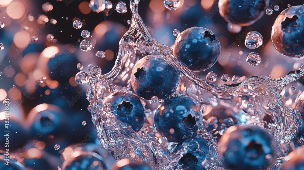 Poster close-up of a group of blueberries falling into a pool of water. the blueberries are in the center o