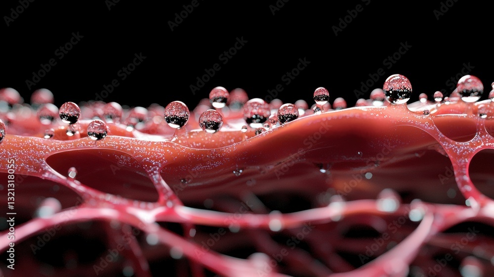 Fototapete close-up of a group of small, round, red water droplets on a black background. the droplets are arra