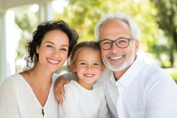 Happy family gathering outside a grand mansion